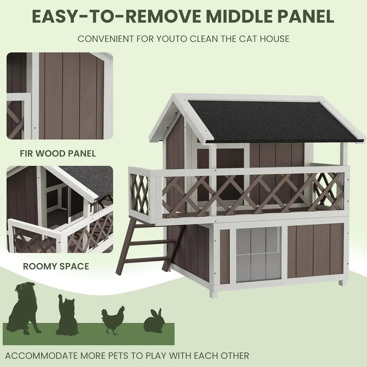 Wooden 2-Level Cat House Outdoor Indoor Weatherproof Shelter With Shade Balcony Side Stairs Guardrails Raised Floor For Cats