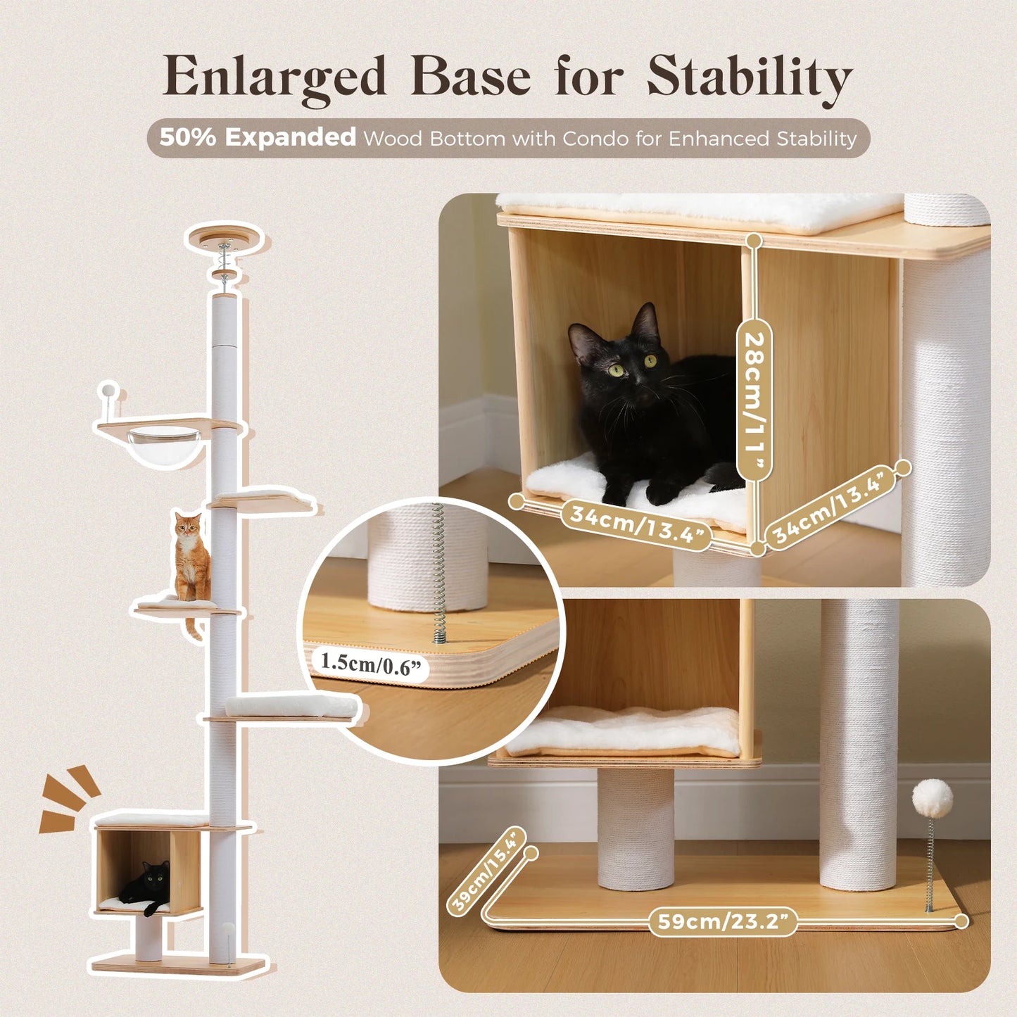 Floor to Ceiling Cat Tree for Indoor Height Adjustable Cat Tower with Sisal Scratching Posts Large Condo Acrylic Capsule Washable Mats Modern Wood Cat Furniture Cat Toys