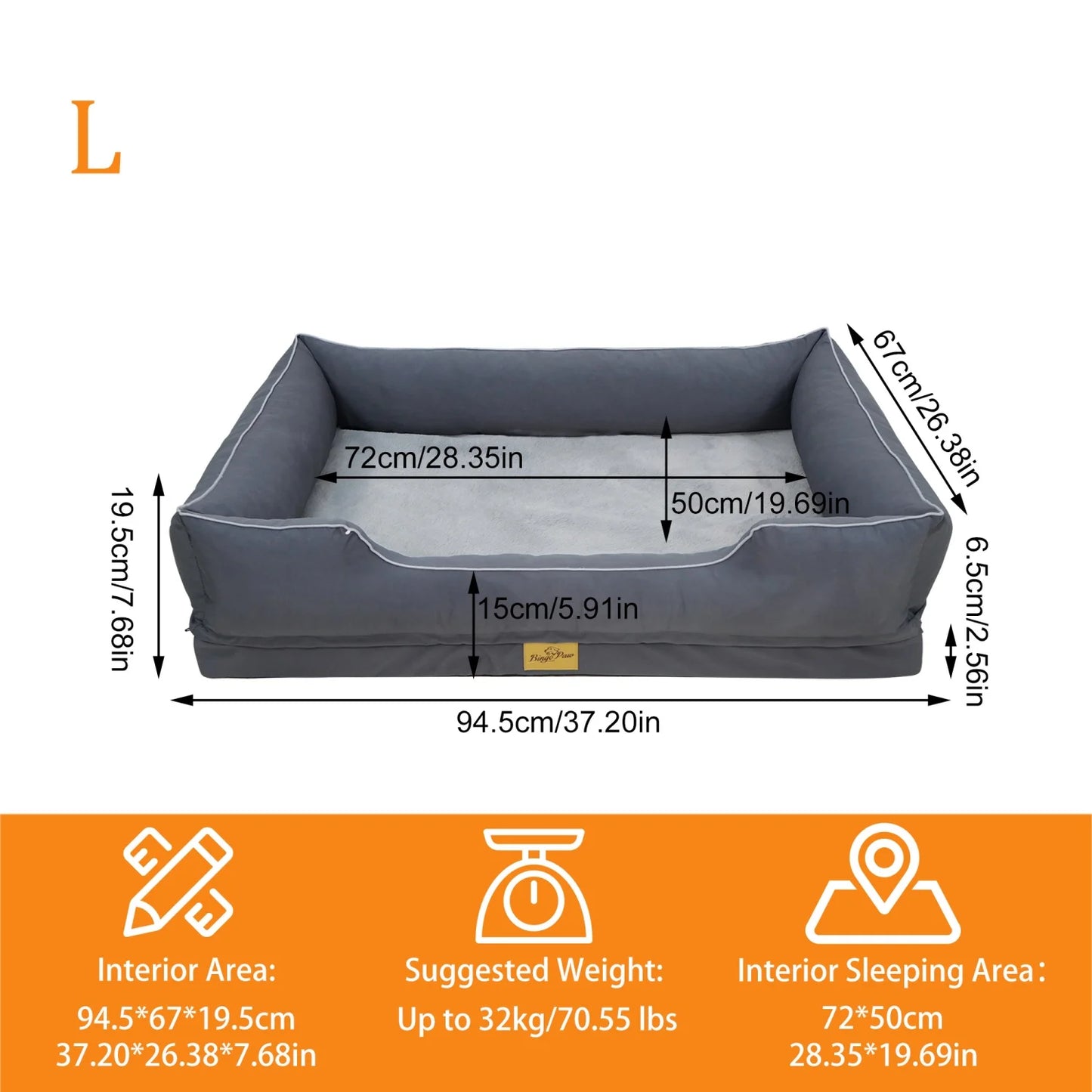 M-3XL Rectangular Dog Beds Orthopedic Dog Pet Sofa Couch Bed with Bolster Washable Pet Couch Lounger Sponge Base for Large Dogs Waterproof Lining Removable Cover