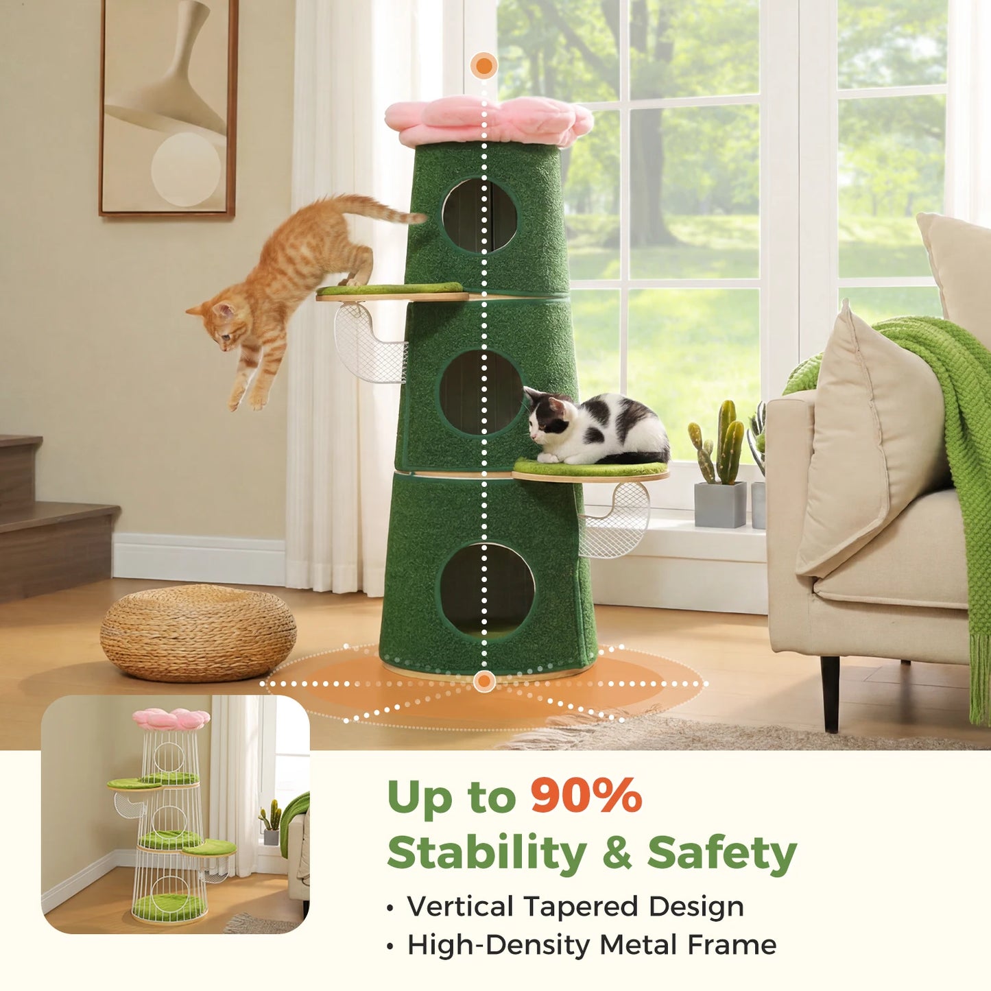 Modern Cat Tree with 3 Large Condos Aesthetic Cat Tower with Flower Perch Metal Frame Full-Wrap Scratching Pad Multi-Level Cat Bed House Wood Cat Furniture for Indoor Cats