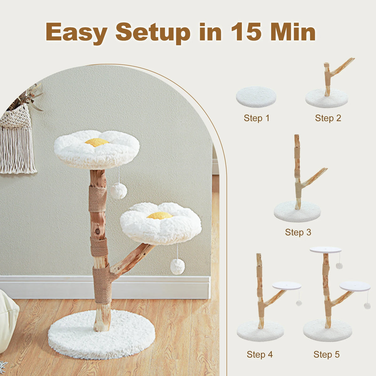 Modern Cat Tree Tower with Natural Solid Wood Scratching Posts Spacious Wicker Basket Luxury Cat Condo Bed for Indoor Cat Toys