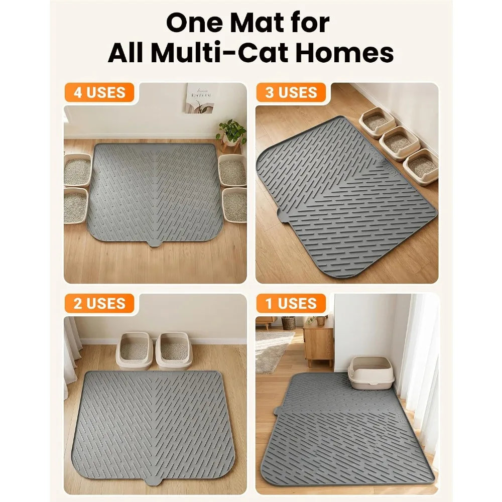 Large Cat Litter Box Mat 47"x37", Waterproof Silicone, Trapping Design Control Scatter, Soft Non-Slip Easy Clean Gray