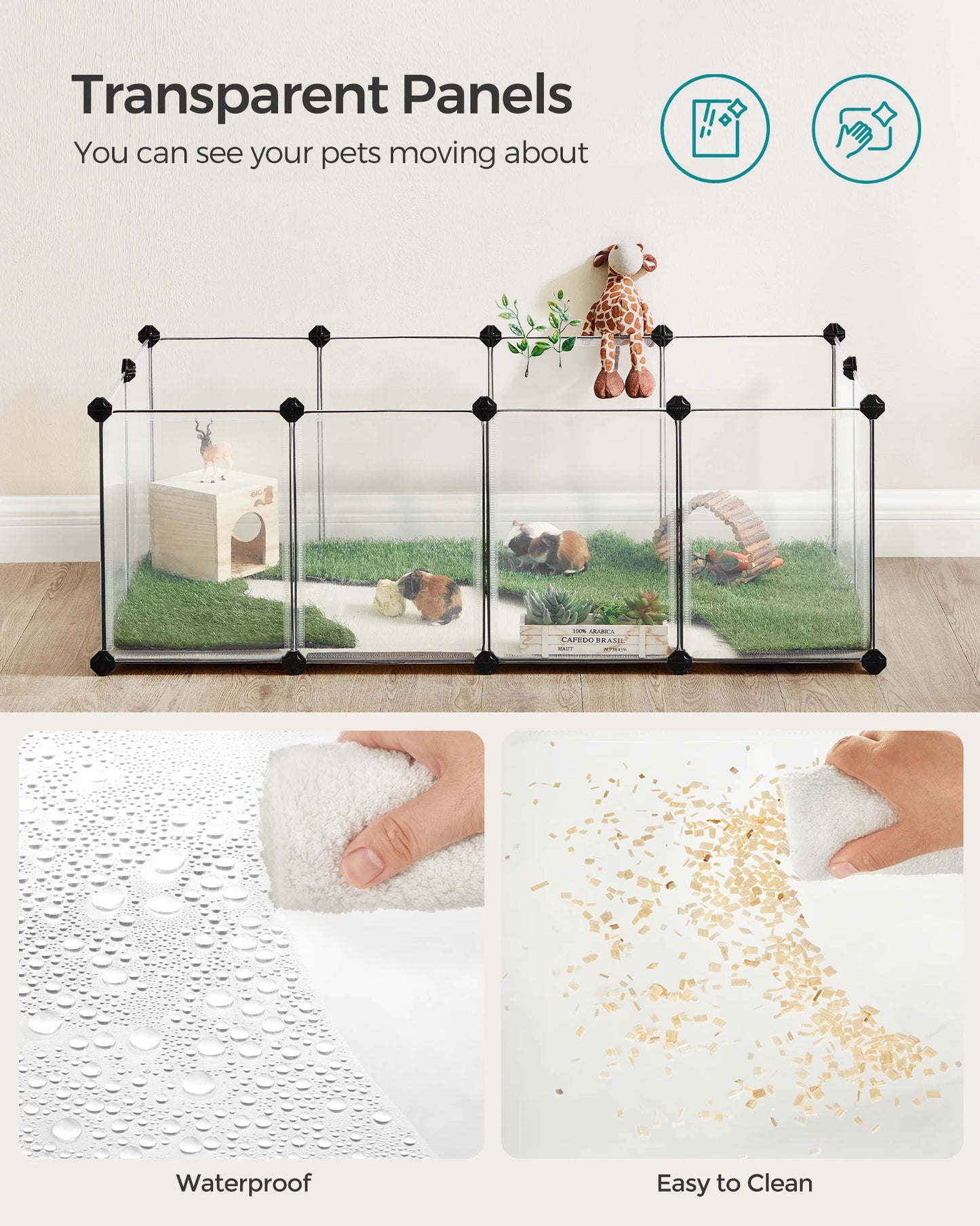 SONGMICS 20 Panels Pet Playpen with Floor, Small Animal Playpen, Pet Fence Indoor, DIY Plastic Enclosure for Guinea Pigs, Bunny,