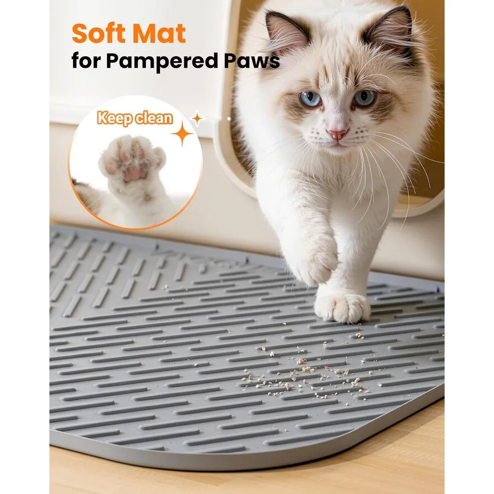 Large Cat Litter Box Mat 47"x37", Waterproof Silicone, Trapping Design Control Scatter, Soft Non-Slip Easy Clean Gray