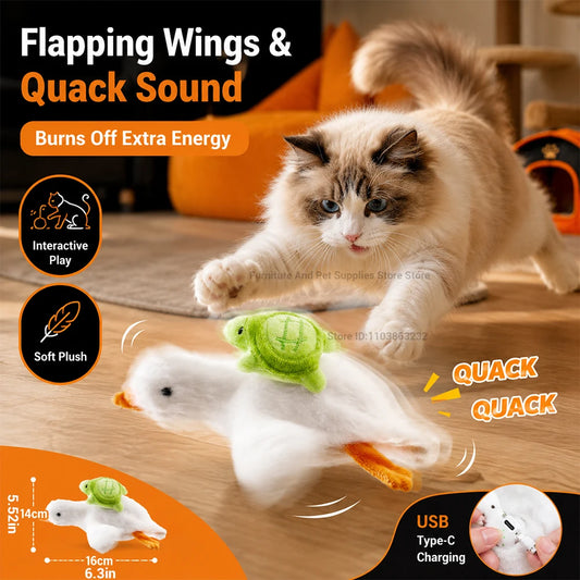 Interactive cat toy: motorised realistic duck with quacking sounds and flapping wings; plush chew toy for puppies and kittens
