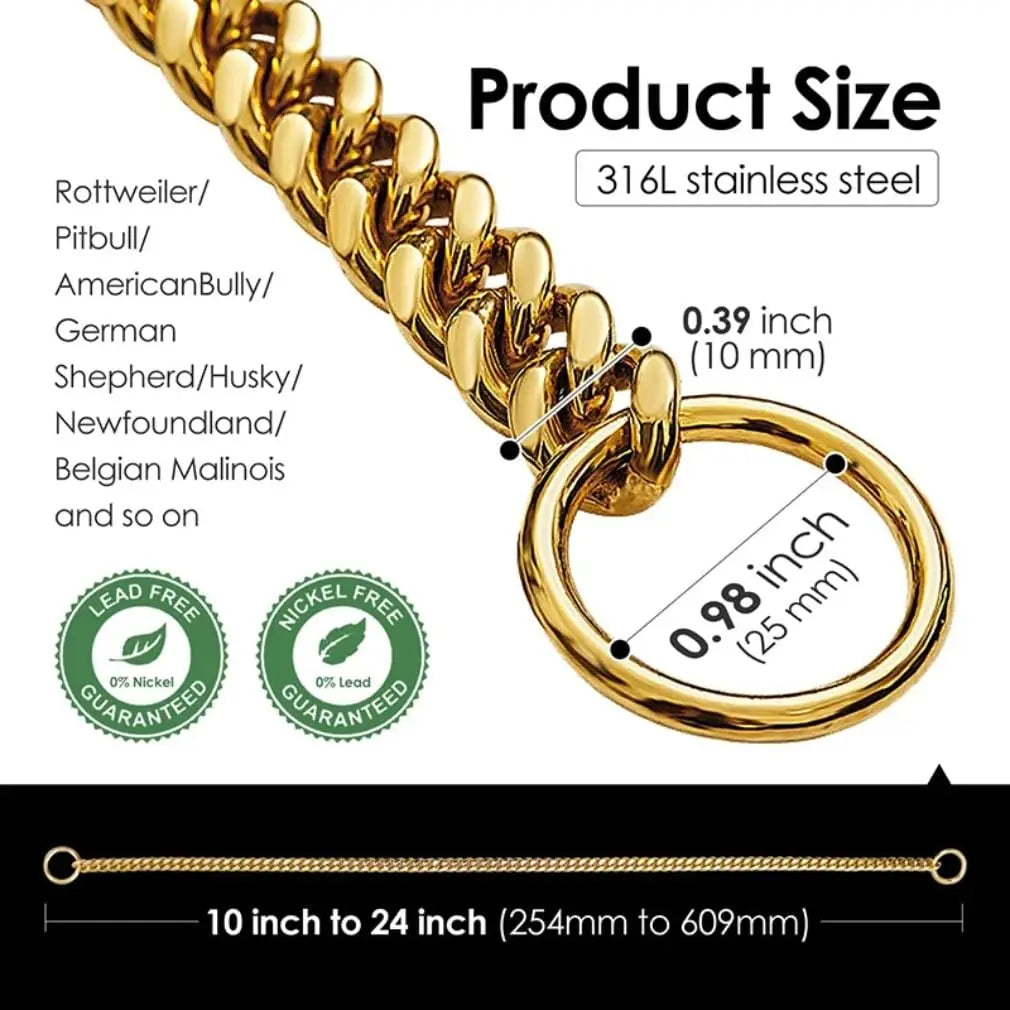 18K Gold Chain Dog Collar 10MM Cuban Link Chain Stainles Steel Metal Links Walking Training Collar Choker for Small Medium Large