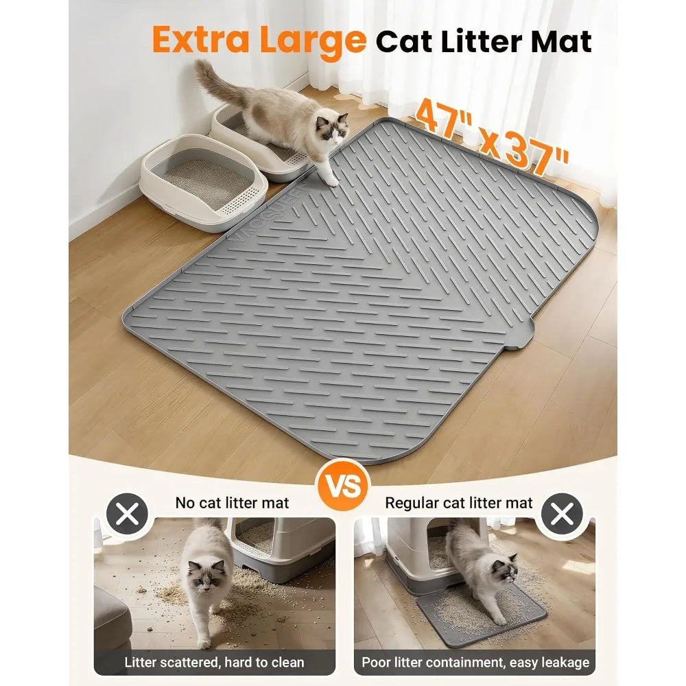Large Cat Litter Box Mat 47"x37", Waterproof Silicone, Trapping Design Control Scatter, Soft Non-Slip Easy Clean Gray