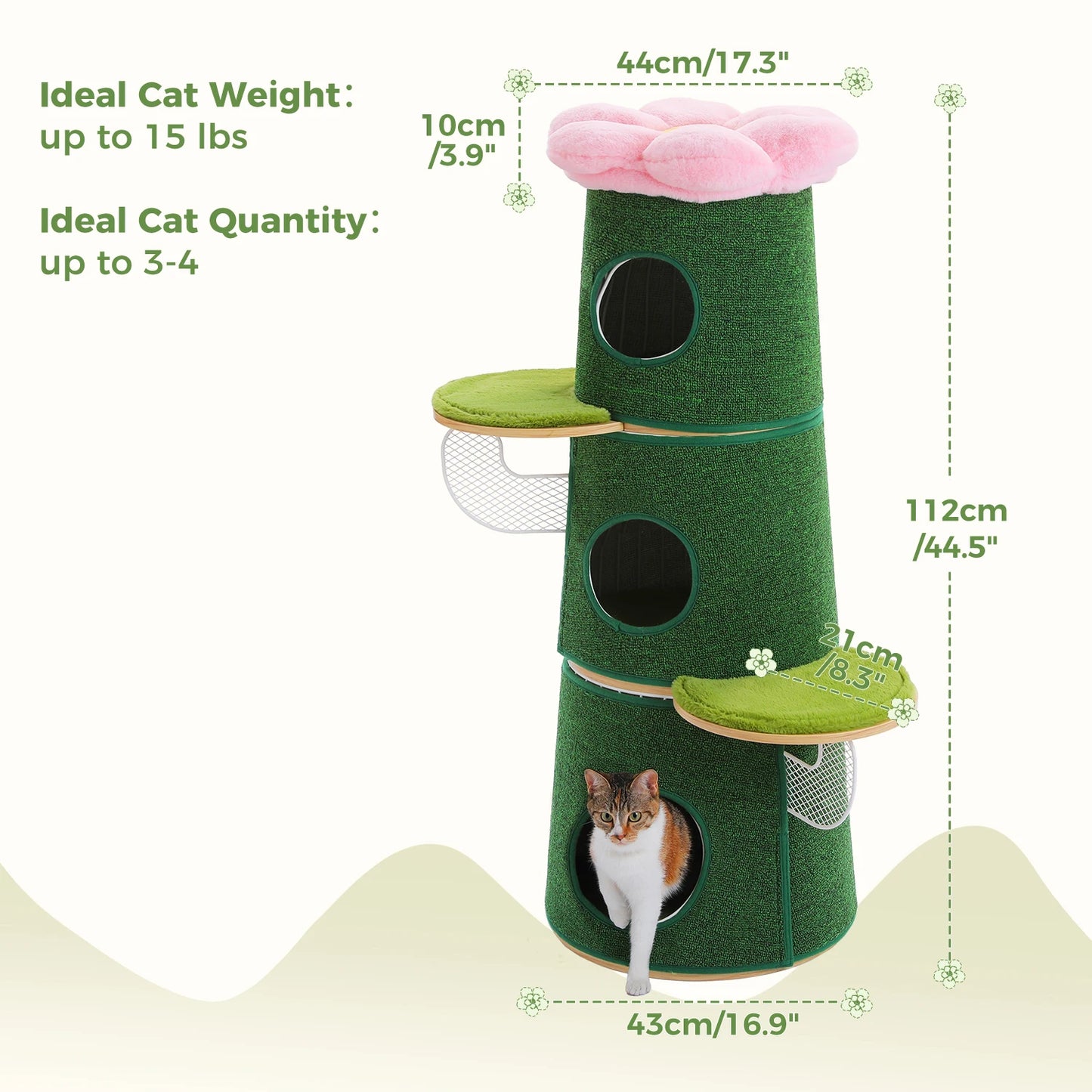 Modern Cat Tree with 3 Large Condos Aesthetic Cat Tower with Flower Perch Metal Frame Full-Wrap Scratching Pad Multi-Level Cat Bed House Wood Cat Furniture for Indoor Cats