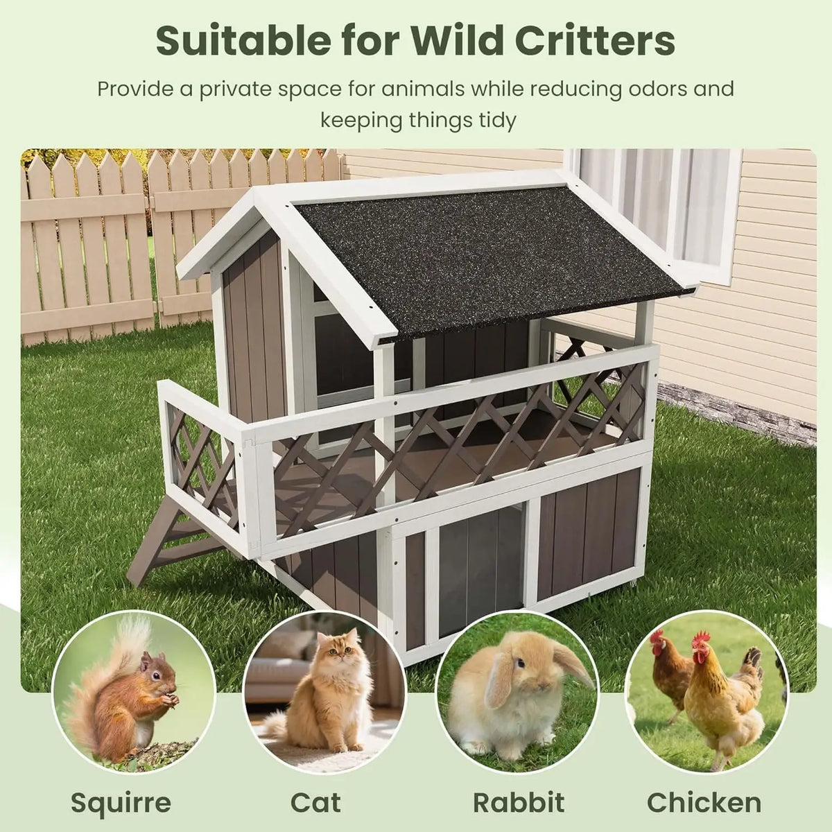 Wooden 2-Level Cat House Outdoor Indoor Weatherproof Shelter With Shade Balcony Side Stairs Guardrails Raised Floor For Cats