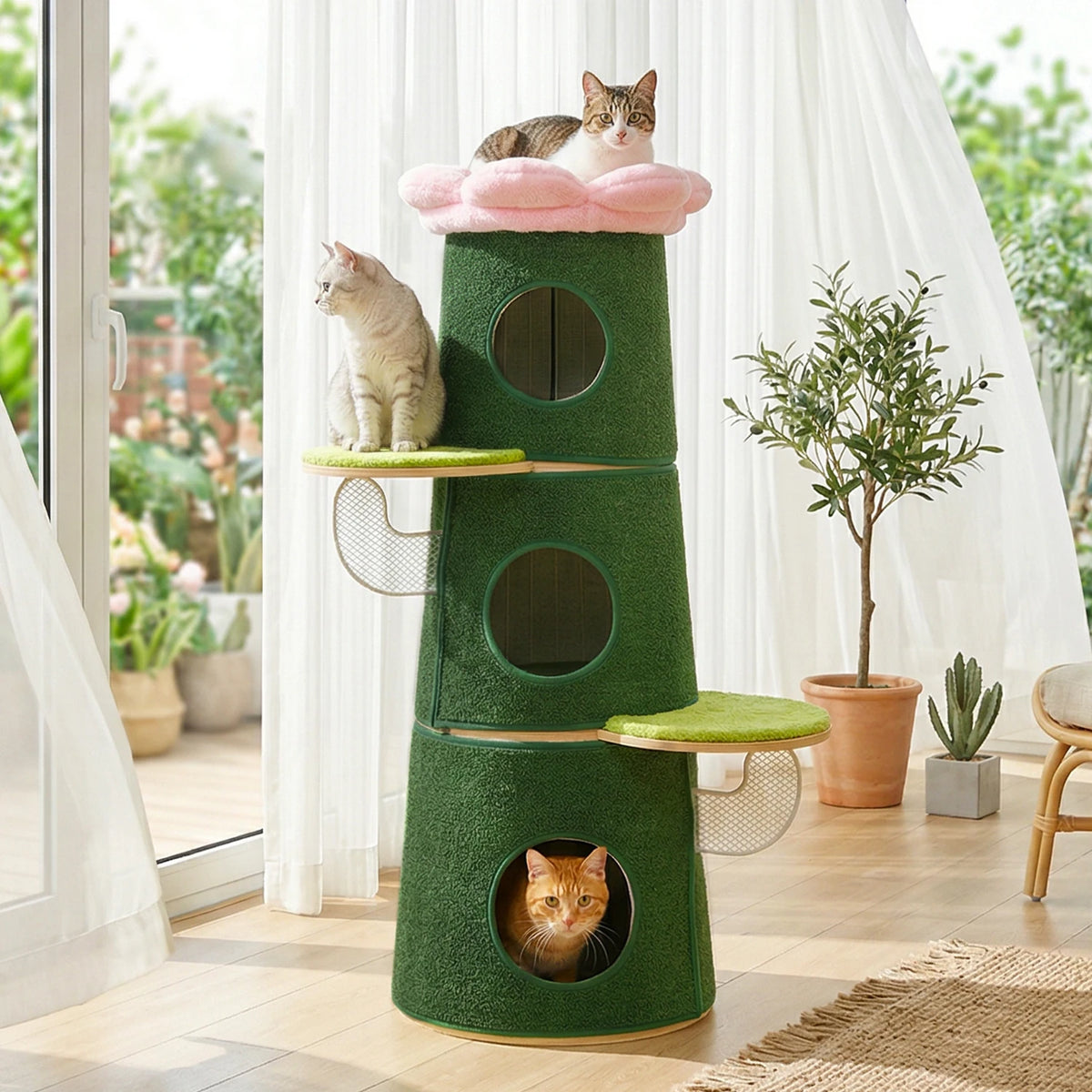Modern Cat Tree with 3 Large Condos Aesthetic Cat Tower with Flower Perch Metal Frame Full-Wrap Scratching Pad Multi-Level Cat Bed House Wood Cat Furniture for Indoor Cats