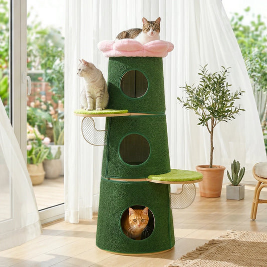 Modern Cat Tree with 3 Large Condos Aesthetic Cat Tower with Flower Perch Metal Frame Full-Wrap Scratching Pad Multi-Level Cat Bed House Wood Cat Furniture for Indoor Cats