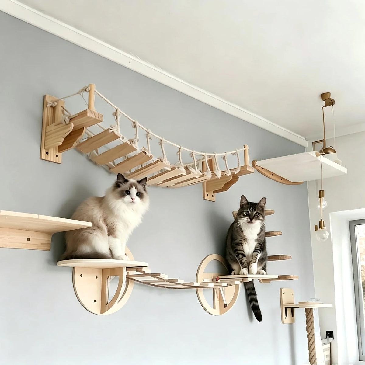 39.4In Wall-mounted Cat Roped Bridge for Indoor Cats Steps with Sisal Wall Wooden Furniture for Sleeping Playing Climbing