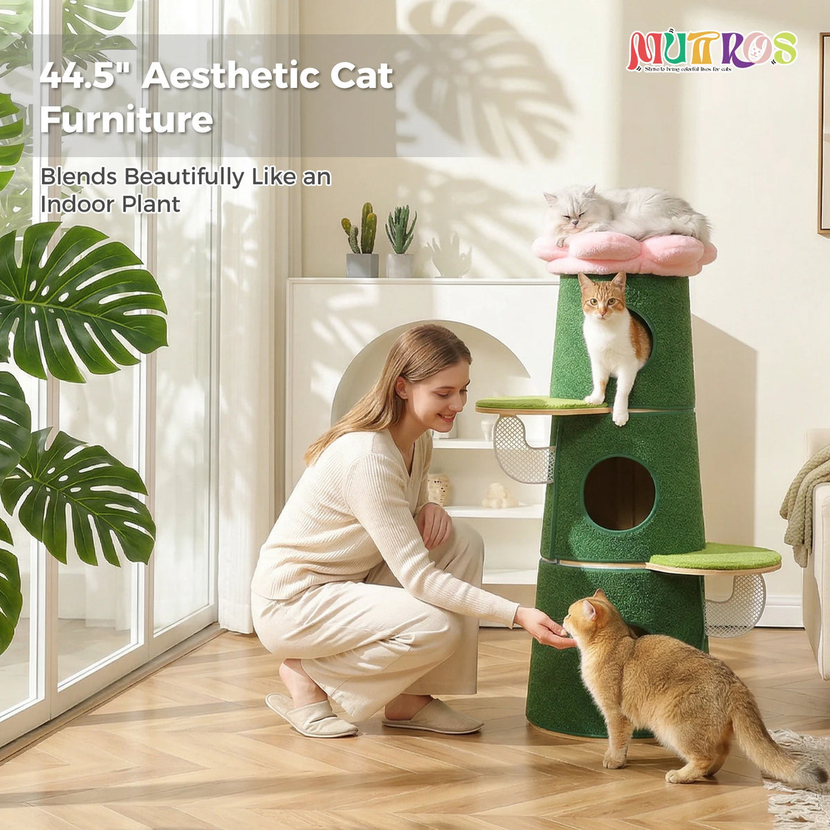 Modern Cat Tree with 3 Large Condos Aesthetic Cat Tower with Flower Perch Metal Frame Full-Wrap Scratching Pad Multi-Level Cat Bed House Wood Cat Furniture for Indoor Cats