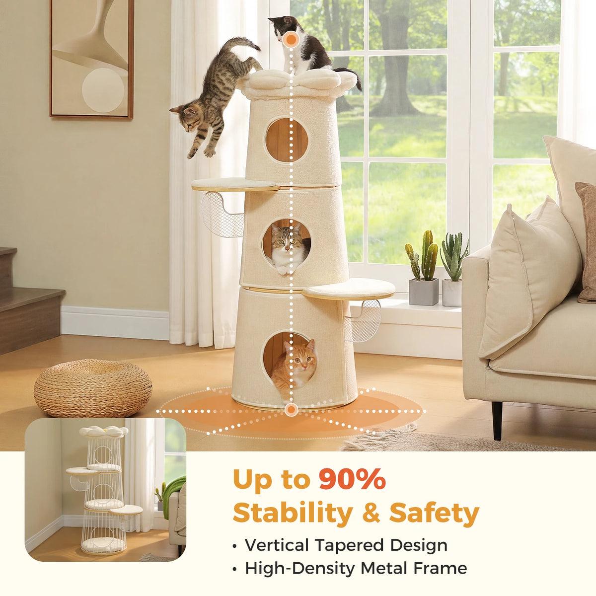 Modern Cat Tree with 3 Large Condos Aesthetic Cat Tower with Flower Perch Metal Frame Full-Wrap Scratching Pad Multi-Level Cat Bed House Wood Cat Furniture for Indoor Cats