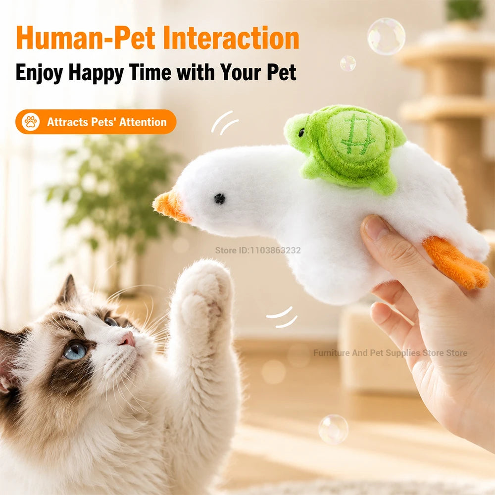 Interactive cat toy: motorised realistic duck with quacking sounds and flapping wings; plush chew toy for puppies and kittens