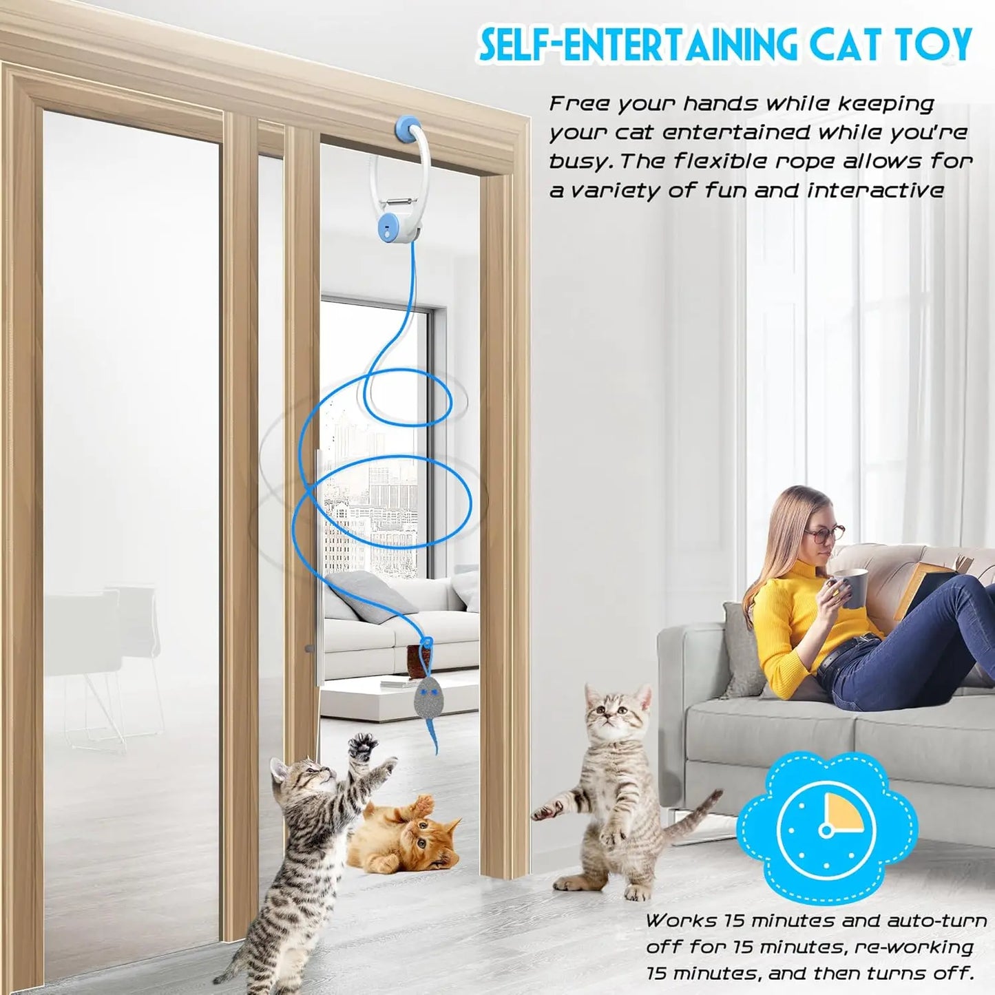 Electric Cat Toy with 2 Ropes Auto Swing Mouse Interactive Kitten Toys Self Playing Hanging Enrichment Teaser with 3 Catnip Mice