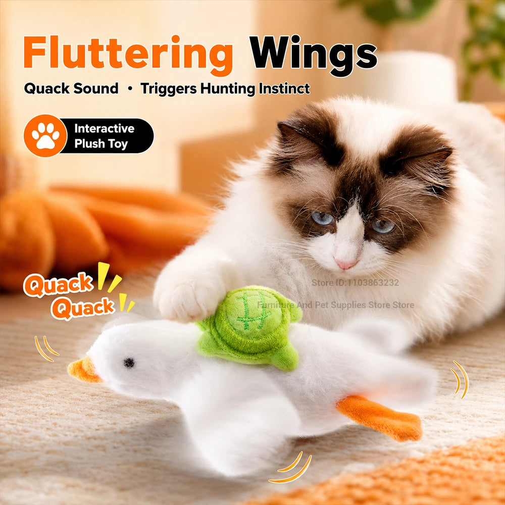 Interactive cat toy: motorised realistic duck with quacking sounds and flapping wings; plush chew toy for puppies and kittens