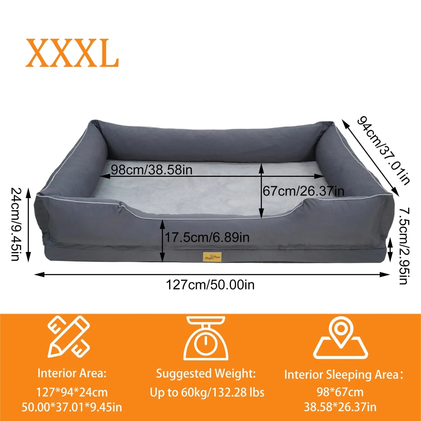 M-3XL Rectangular Dog Beds Orthopedic Dog Pet Sofa Couch Bed with Bolster Washable Pet Couch Lounger Sponge Base for Large Dogs Waterproof Lining Removable Cover