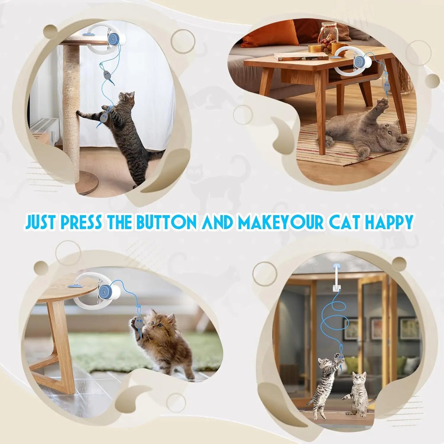 Electric Cat Toy with 2 Ropes Auto Swing Mouse Interactive Kitten Toys Self Playing Hanging Enrichment Teaser with 3 Catnip Mice