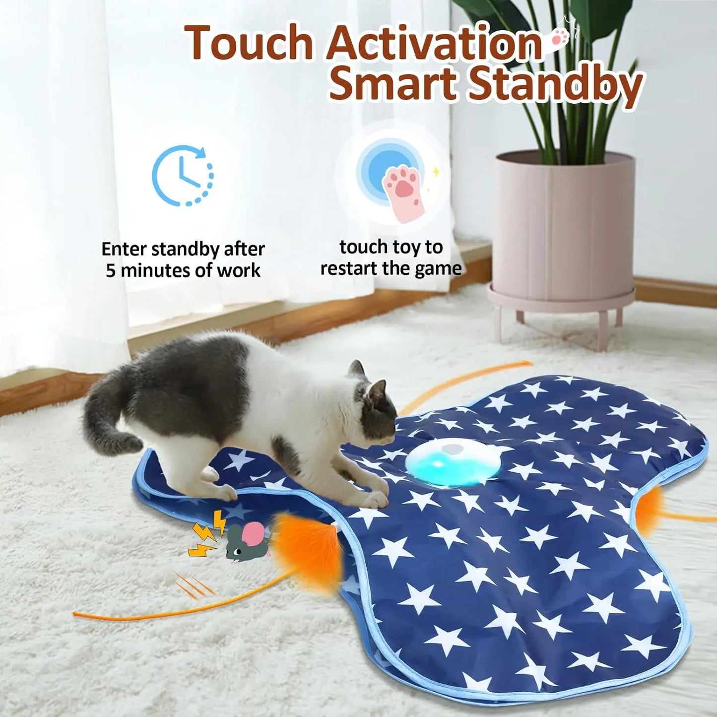 Interactive Cat Toys Rechargeable Moving Concealed Feathers Real Mouse Squeaky Touch Activated Cat Kitten Toy Cat Exercise Toys