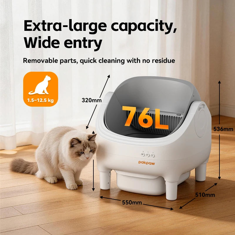 Pokpaw Automatic Self-cleaning Litter Box for Cats – 76L Large Smart Cat Toilet Open Sandbox for Cat Pet Supplies