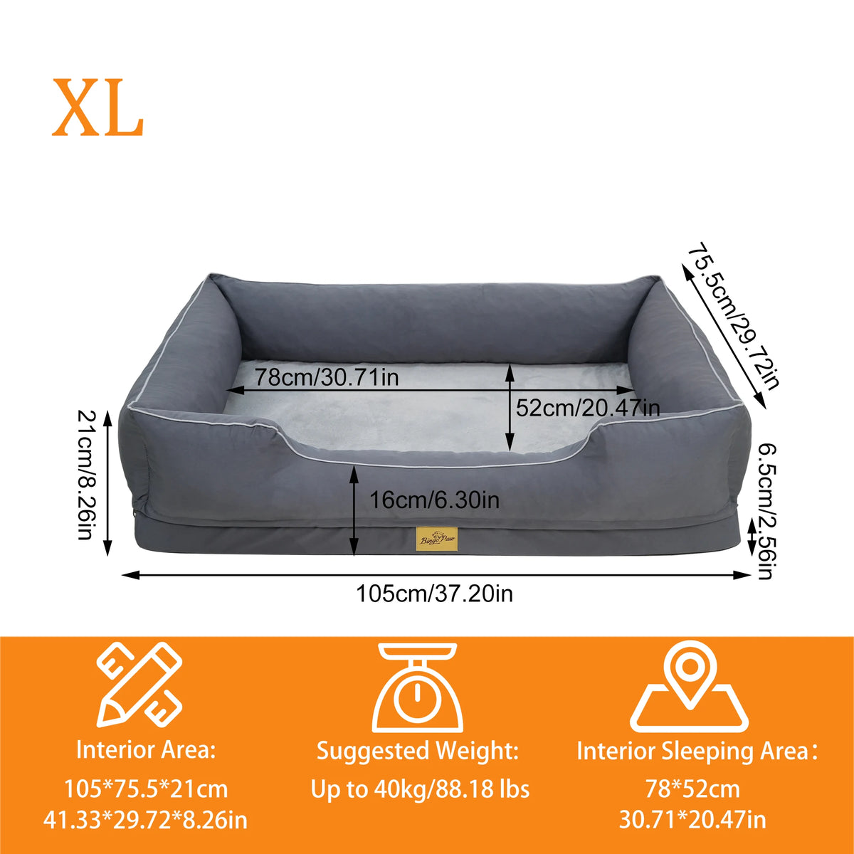 M-3XL Rectangular Dog Beds Orthopedic Dog Pet Sofa Couch Bed with Bolster Washable Pet Couch Lounger Sponge Base for Large Dogs Waterproof Lining Removable Cover