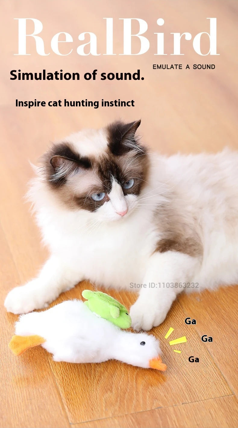 Interactive cat toy: motorised realistic duck with quacking sounds and flapping wings; plush chew toy for puppies and kittens