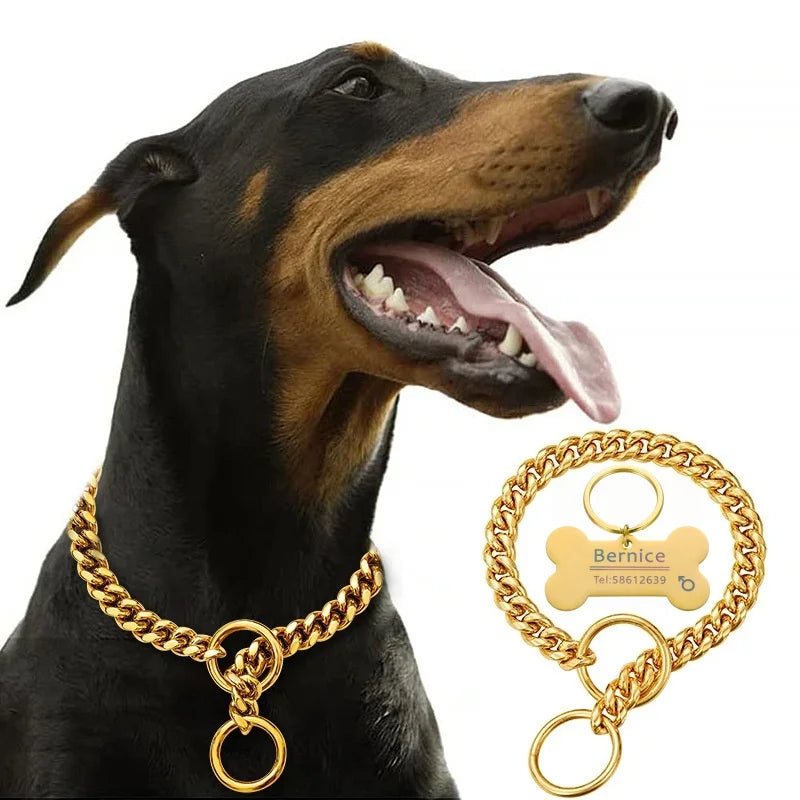 18K Gold Chain Dog Collar 10MM Cuban Link Chain Stainles Steel Metal Links Walking Training Collar Choker for Small Medium Large