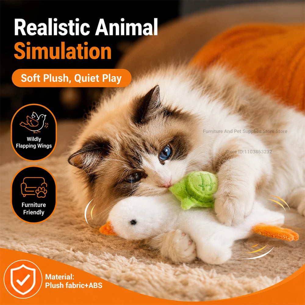 Interactive cat toy: motorised realistic duck with quacking sounds and flapping wings; plush chew toy for puppies and kittens