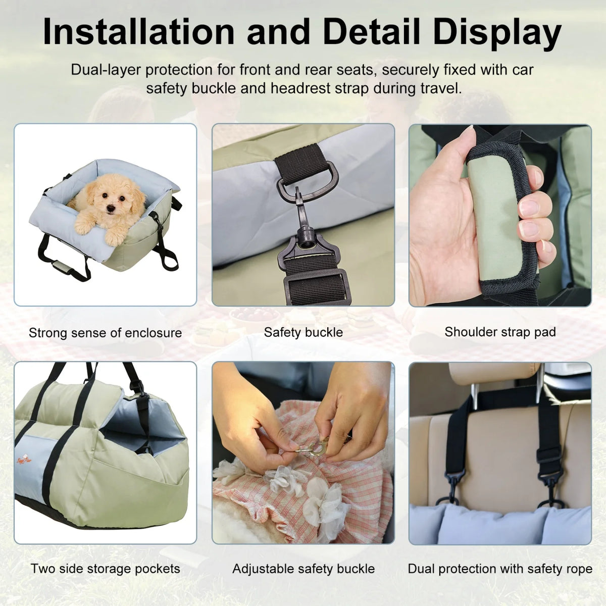 Dog Car Seat for Small Dogs Washable Pet Booster Car Seats with Safety Belt Puppy Travel Carrier Bed Black/Green up to 22 lbs