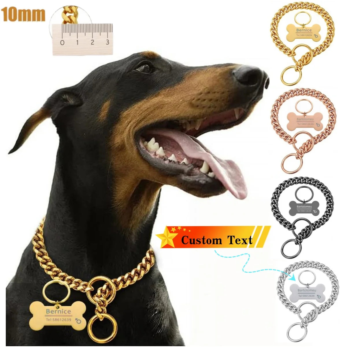 18K Gold Chain Dog Collar 10MM Cuban Link Chain Stainles Steel Metal Links Walking Training Collar Choker for Small Medium Large