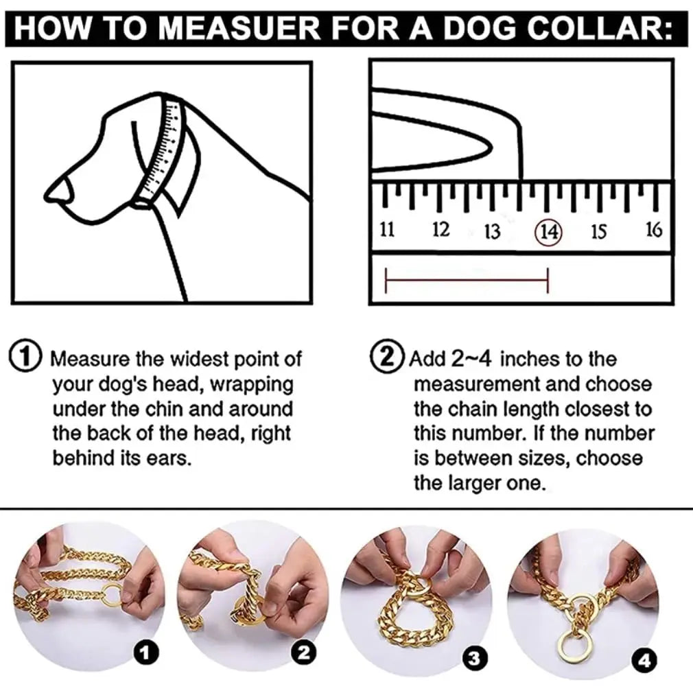 18K Gold Chain Dog Collar 10MM Cuban Link Chain Stainles Steel Metal Links Walking Training Collar Choker for Small Medium Large