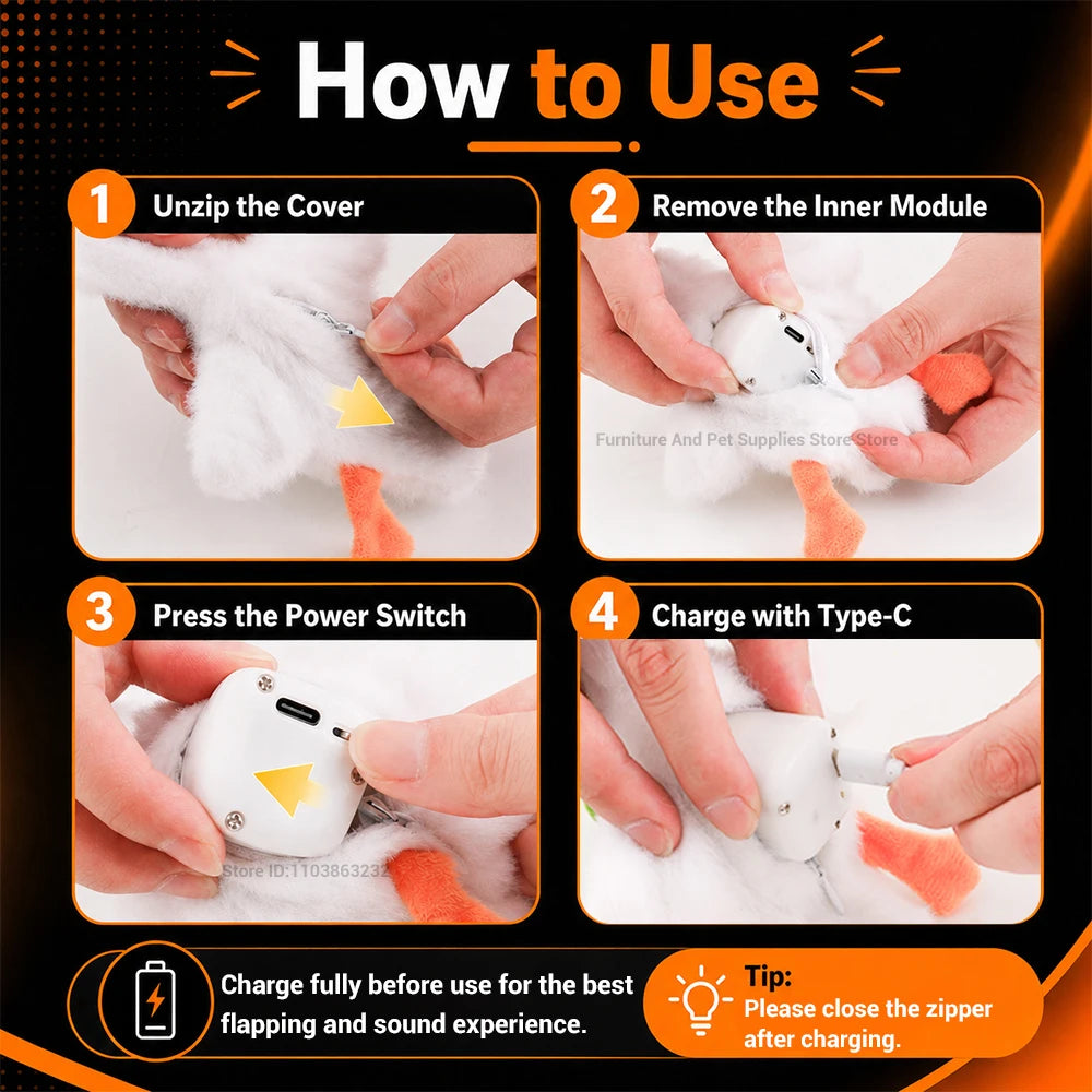 Interactive cat toy: motorised realistic duck with quacking sounds and flapping wings; plush chew toy for puppies and kittens