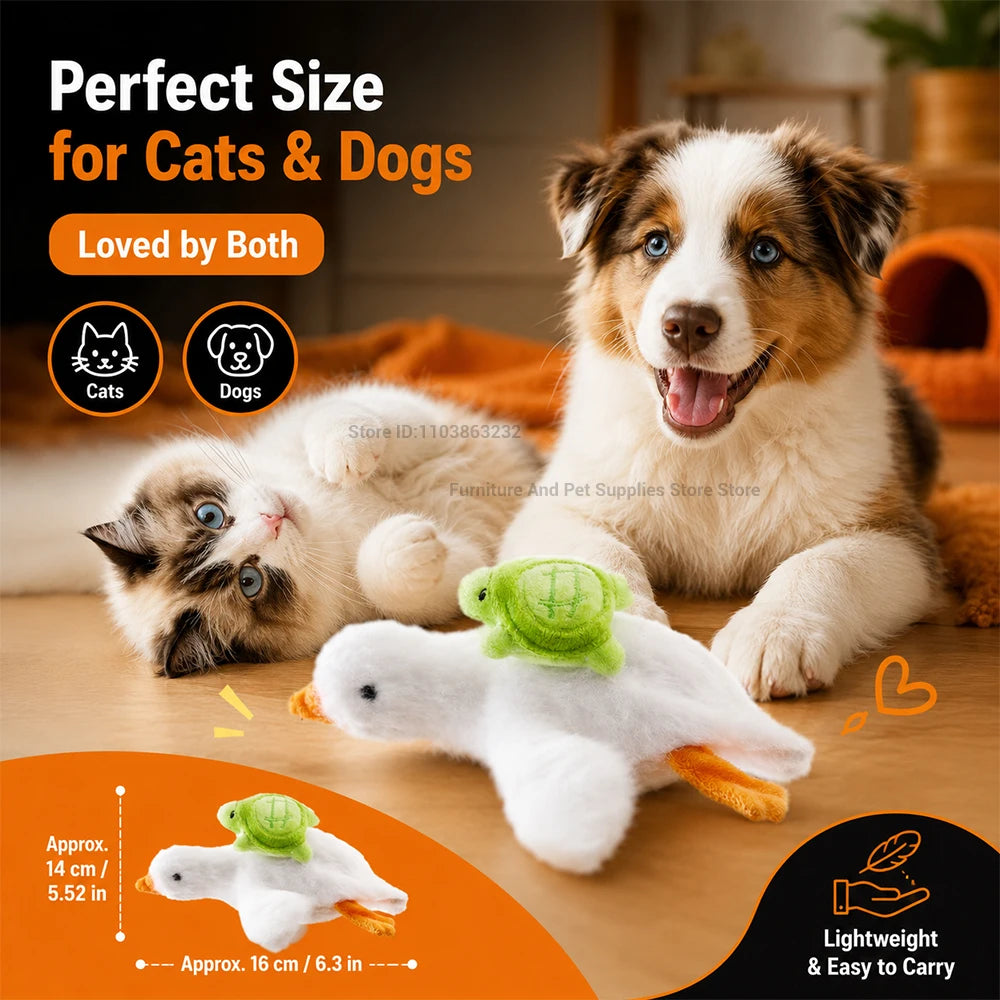 Interactive cat toy: motorised realistic duck with quacking sounds and flapping wings; plush chew toy for puppies and kittens