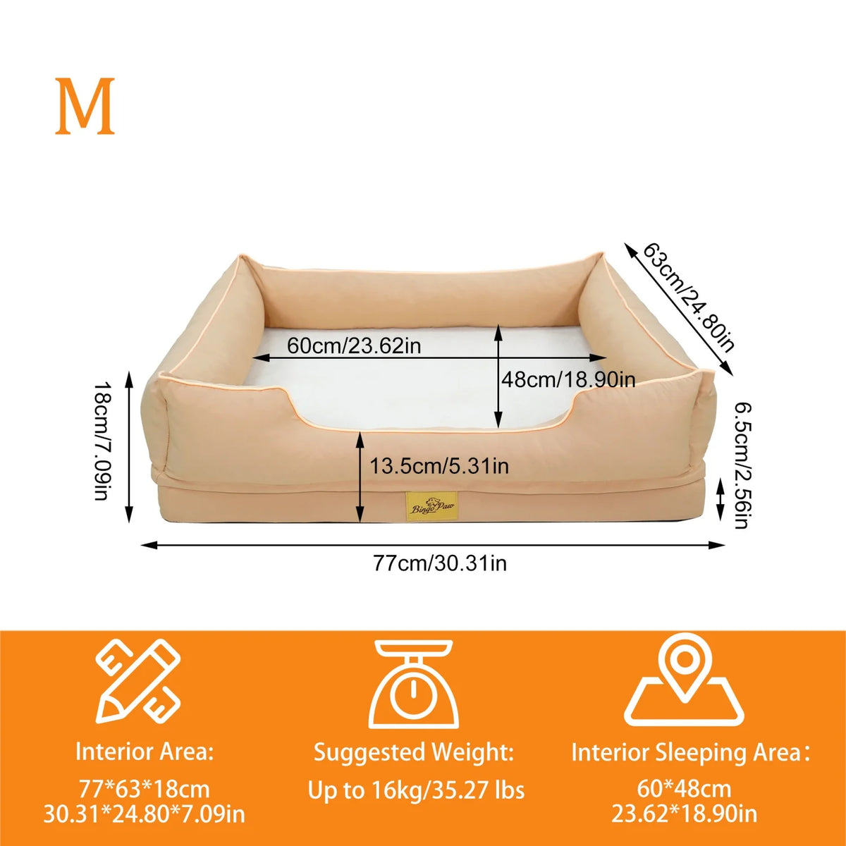 M-3XL Rectangular Dog Beds Orthopedic Dog Pet Sofa Couch Bed with Bolster Washable Pet Couch Lounger Sponge Base for Large Dogs Waterproof Lining Removable Cover