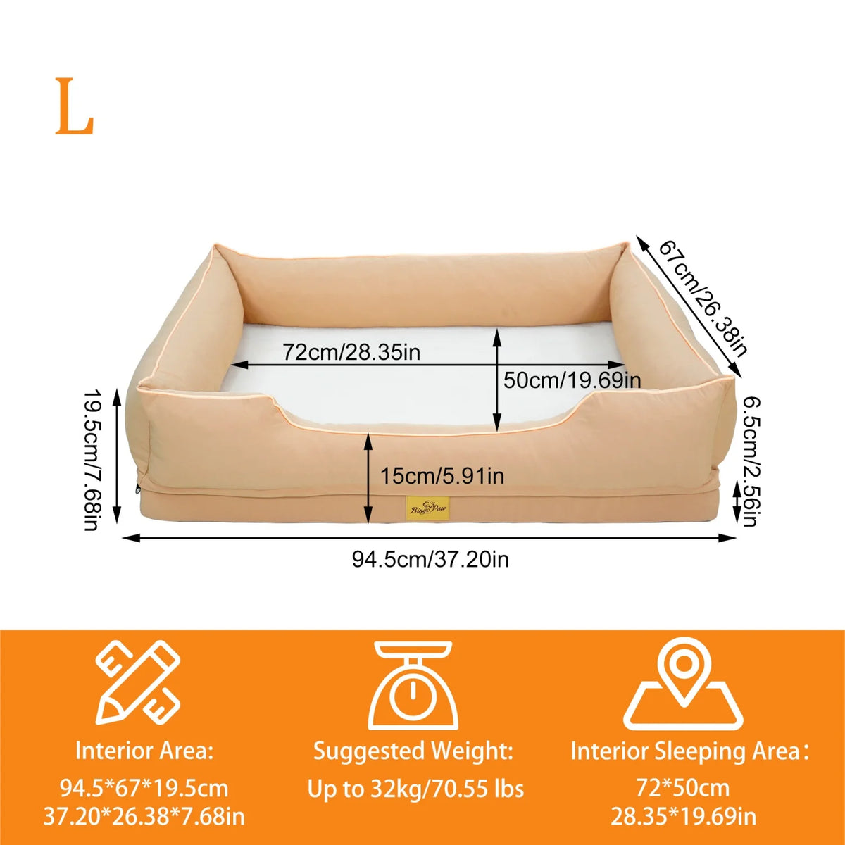 M-3XL Rectangular Dog Beds Orthopedic Dog Pet Sofa Couch Bed with Bolster Washable Pet Couch Lounger Sponge Base for Large Dogs Waterproof Lining Removable Cover