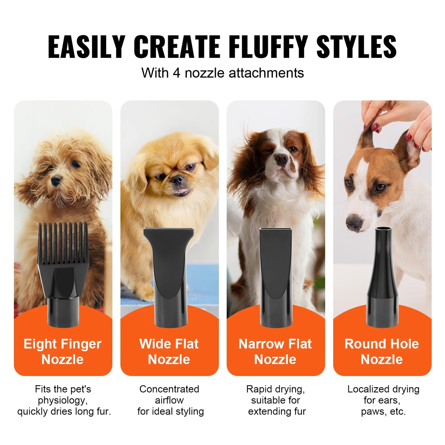 SucceBuy 2000W/2.7HP Dog Blow Dryer Adjustable Speed Temperature Control with 4 Nozzle and Extendable Hose for Pet Hair Grooming