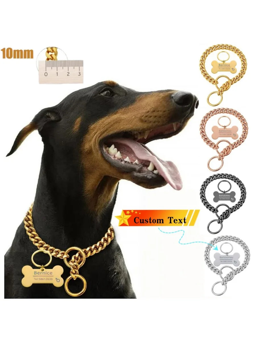 18K Gold Chain Dog Collar 10MM Cuban Link Chain Stainles Steel Metal Links Walking Training Collar Choker for Small Medium Large