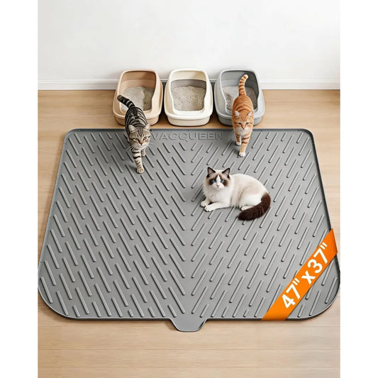 Large Cat Litter Box Mat 47"x37", Waterproof Silicone, Trapping Design Control Scatter, Soft Non-Slip Easy Clean Gray