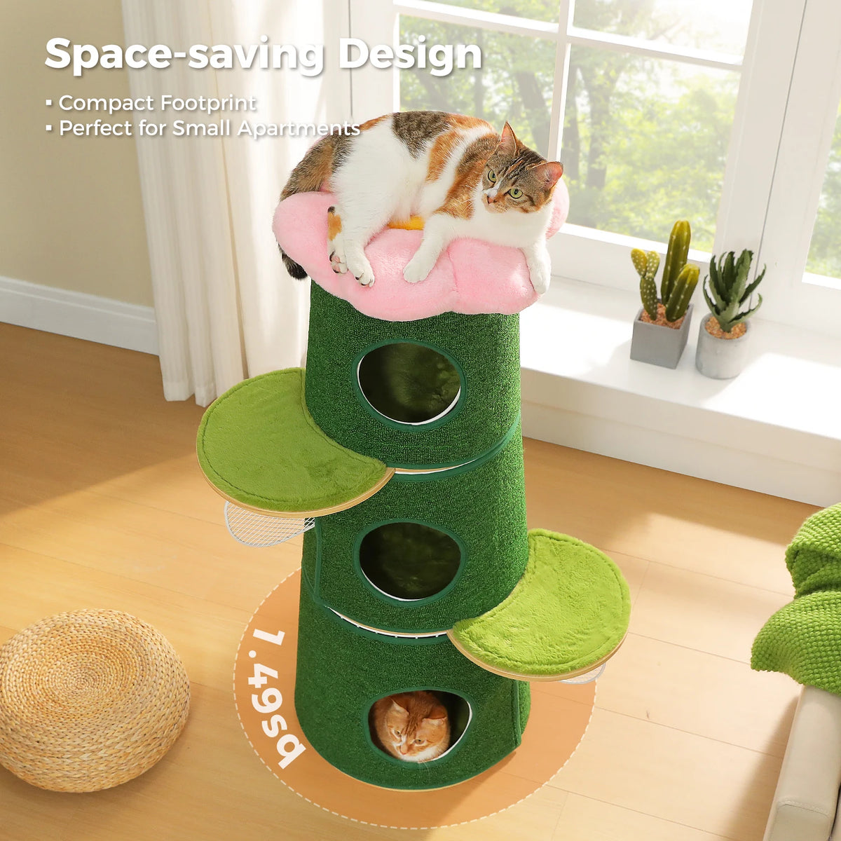 Modern Cat Tree with 3 Large Condos Aesthetic Cat Tower with Flower Perch Metal Frame Full-Wrap Scratching Pad Multi-Level Cat Bed House Wood Cat Furniture for Indoor Cats