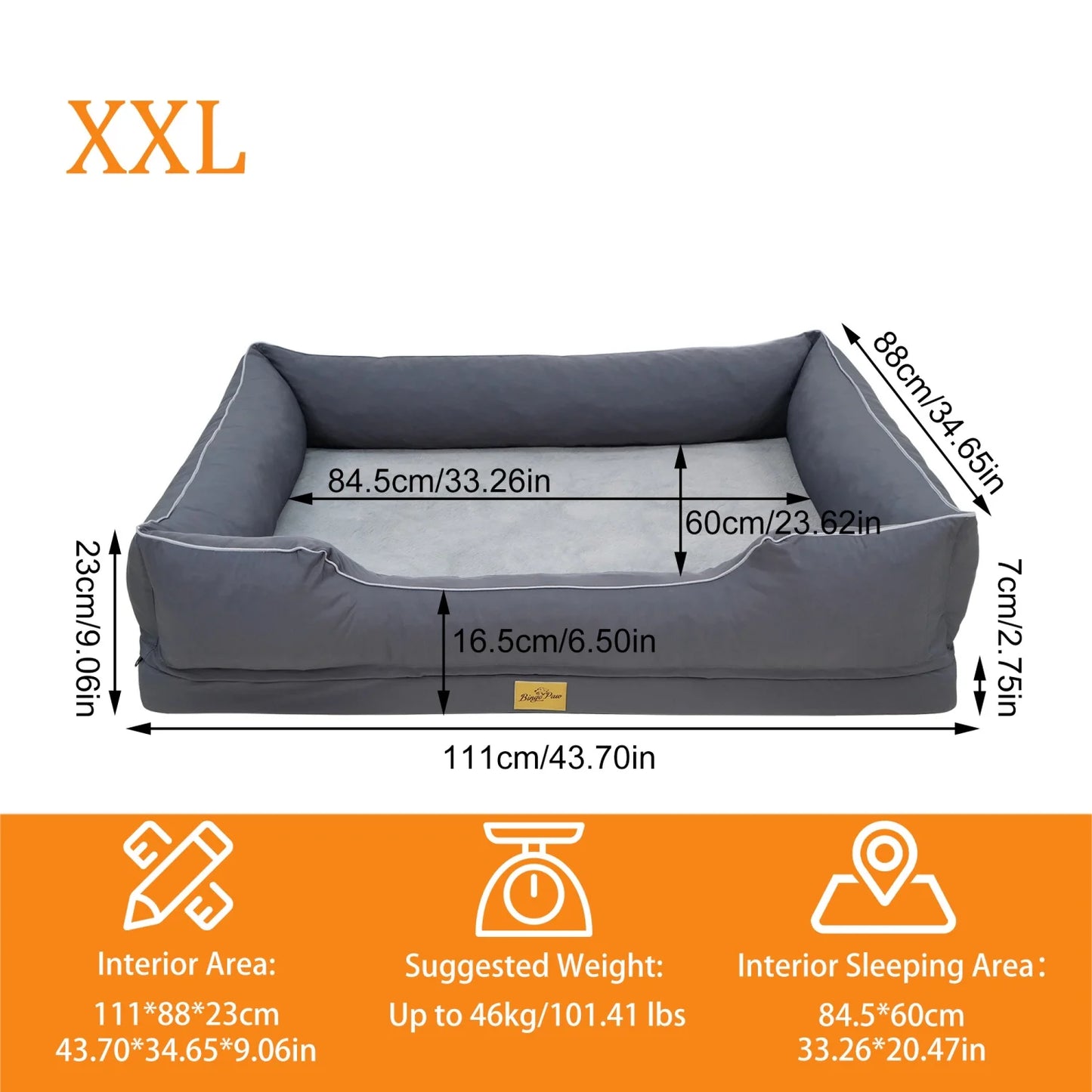 M-3XL Rectangular Dog Beds Orthopedic Dog Pet Sofa Couch Bed with Bolster Washable Pet Couch Lounger Sponge Base for Large Dogs Waterproof Lining Removable Cover