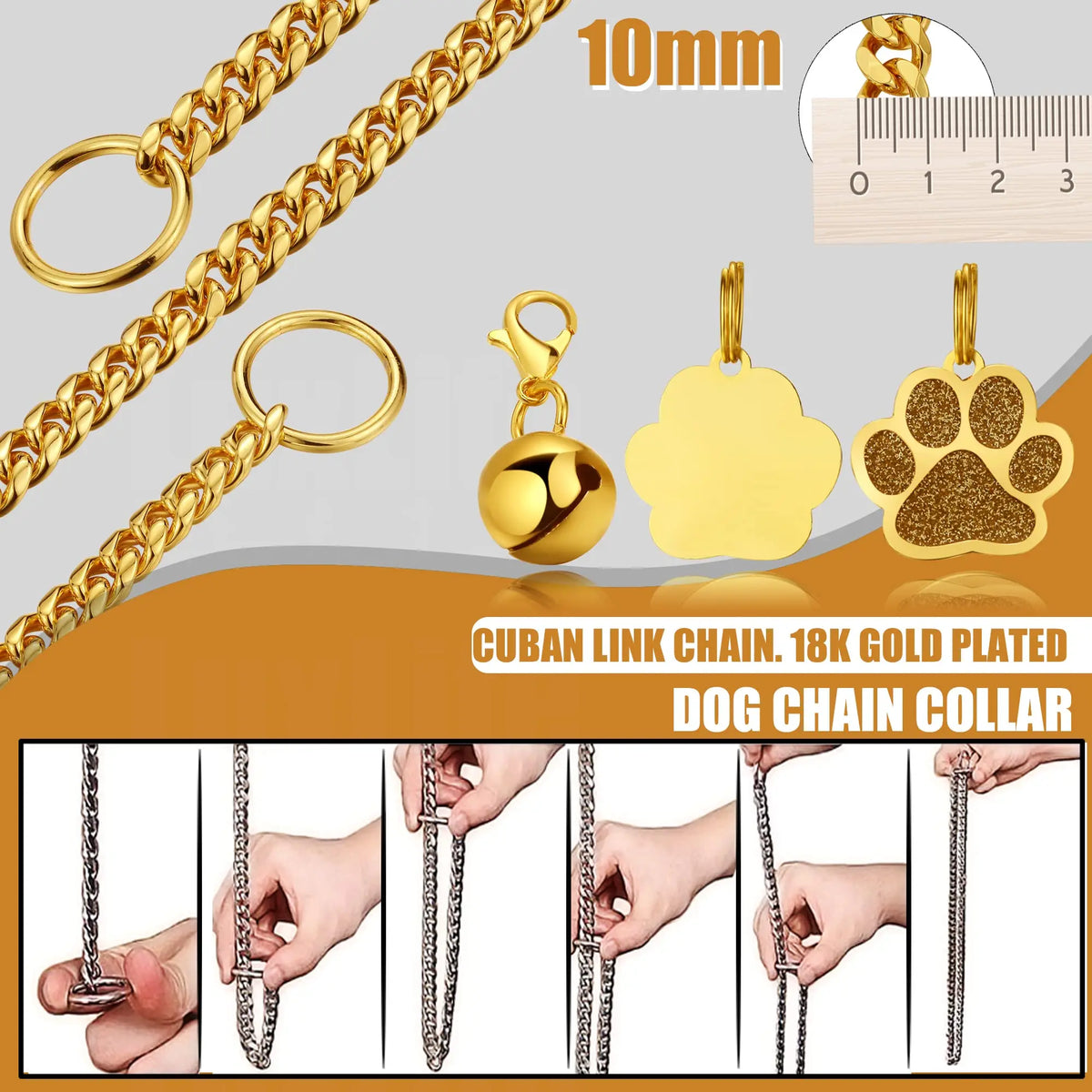 18K Gold Chain Dog Collar 10MM Cuban Link Chain Stainles Steel Metal Links Walking Training Collar Choker for Small Medium Large