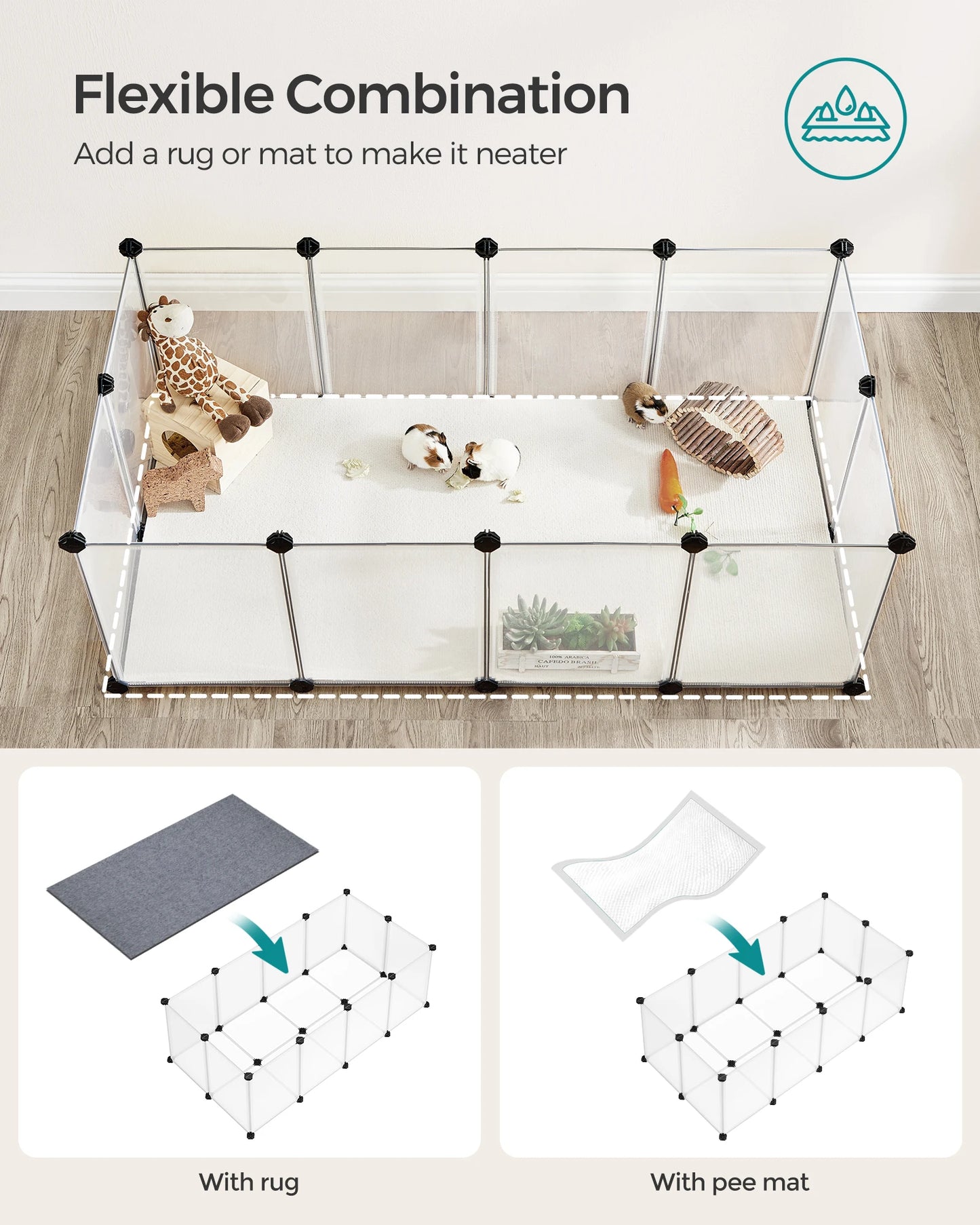 SONGMICS 20 Panels Pet Playpen with Floor, Small Animal Playpen, Pet Fence Indoor, DIY Plastic Enclosure for Guinea Pigs, Bunny,