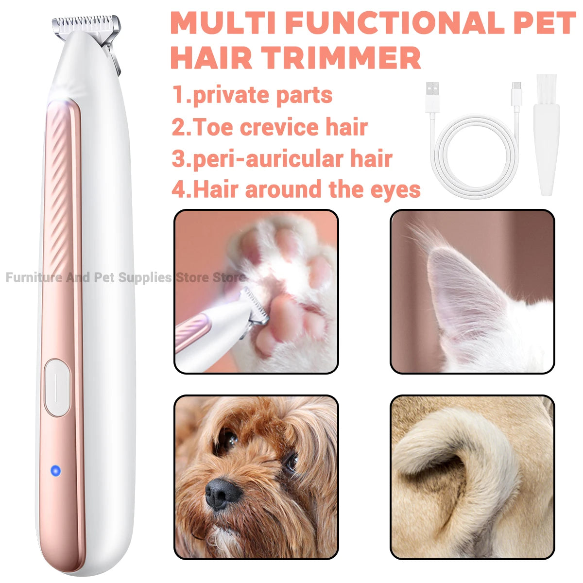 New LED lighting pet paw hair trimmer cat and dog ear/eye area/privacy hair electric trimmer pet paw trimmer pet beauty trimmer