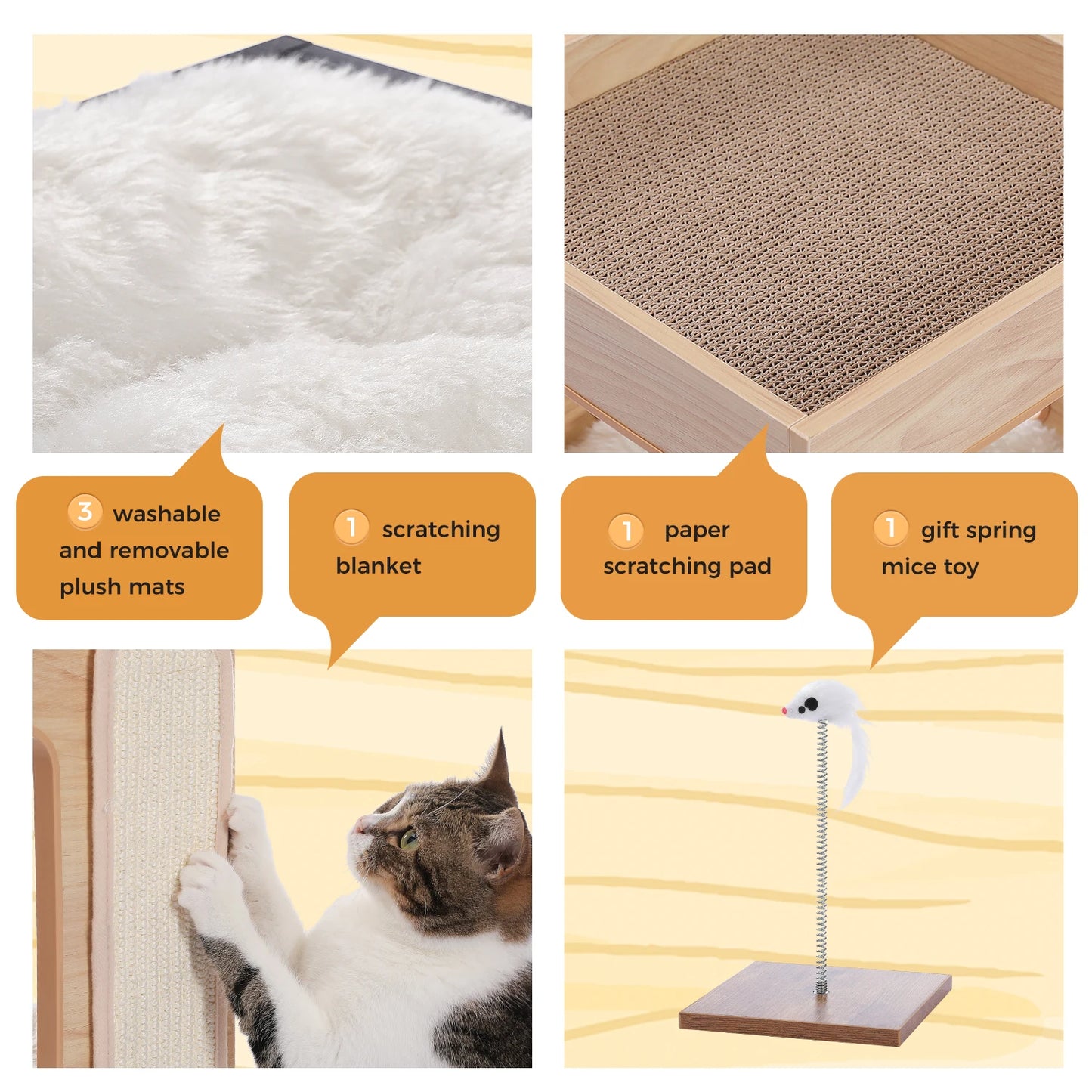 Wood Cat Condo House Bed with Removable Soft Mats Modern Cat Tree Tower with Scratching Pad Cat Scratcher Furniture Kitten Toys