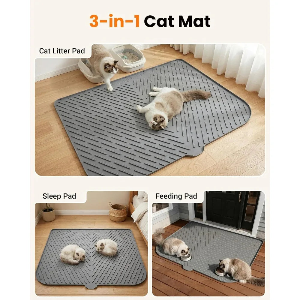 Large Cat Litter Box Mat 47"x37", Waterproof Silicone, Trapping Design Control Scatter, Soft Non-Slip Easy Clean Gray