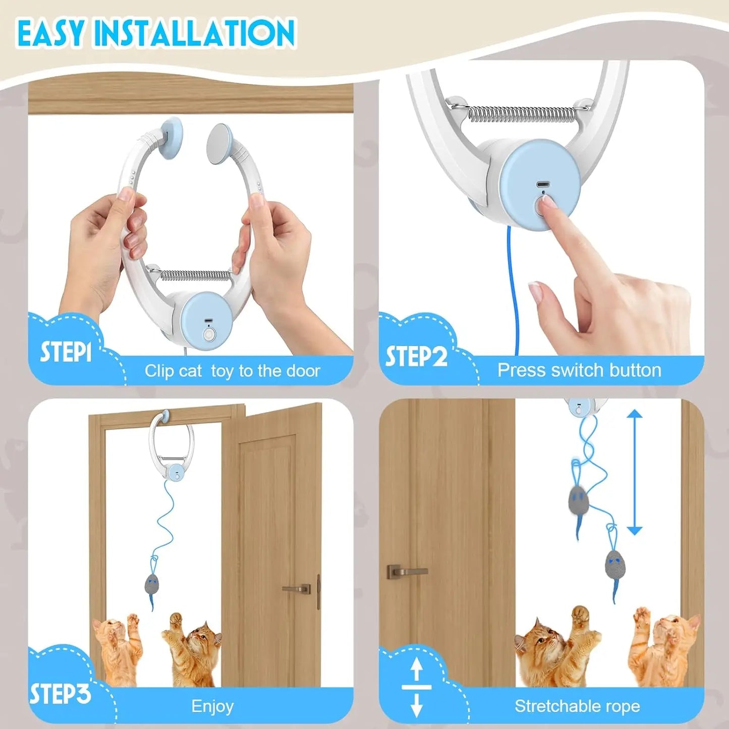Electric Cat Toy with 2 Ropes Auto Swing Mouse Interactive Kitten Toys Self Playing Hanging Enrichment Teaser with 3 Catnip Mice